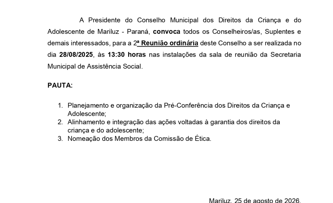 Edital de Convocação do Conselho Municipal dos Direitos da Criança e Adolescente