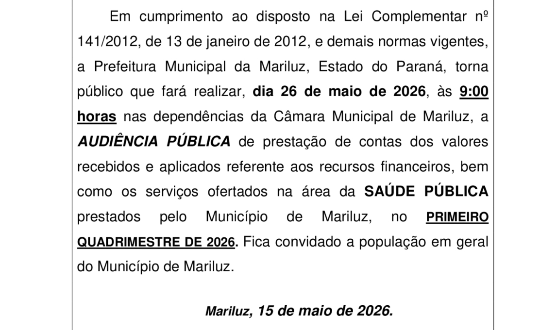Prefeitura de Mariluz convida população para Audiências Públicas nesta terça-feira (26)