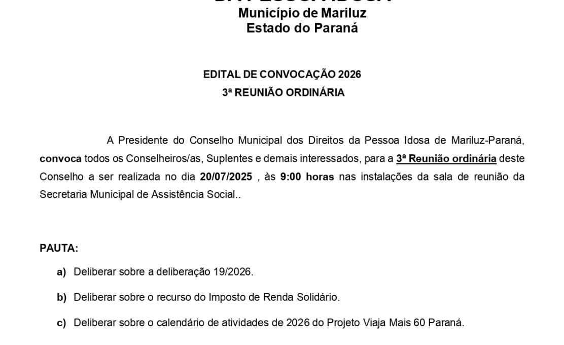Edital de convocação do Conselho Municipal dos Direitos da Pessoa Idosa 3ª Reunião Ordinári...