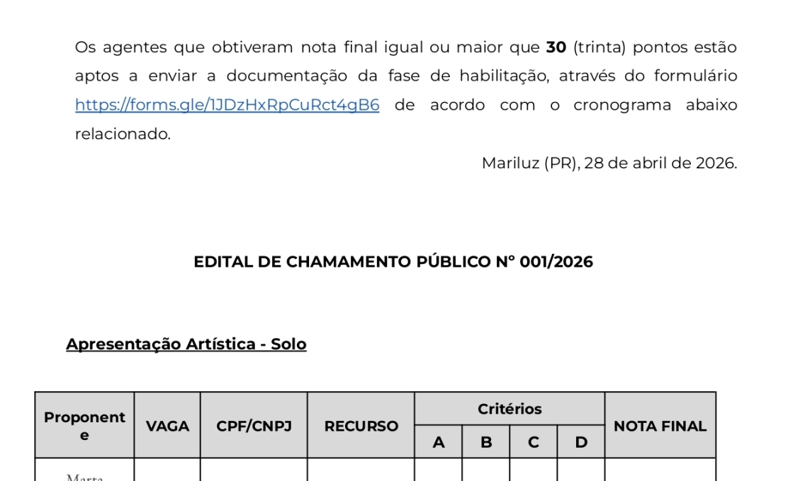 A Áster Produções Artísticas torna público o resultado final do edital nº 01/2026 