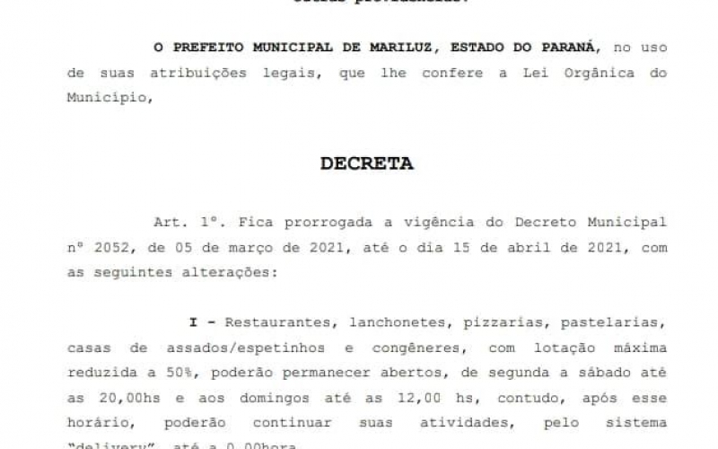 Prefeitura Municipal de Mariluz Prorroga  Decreto Municipal nº 2052, de 05 de março de 2021