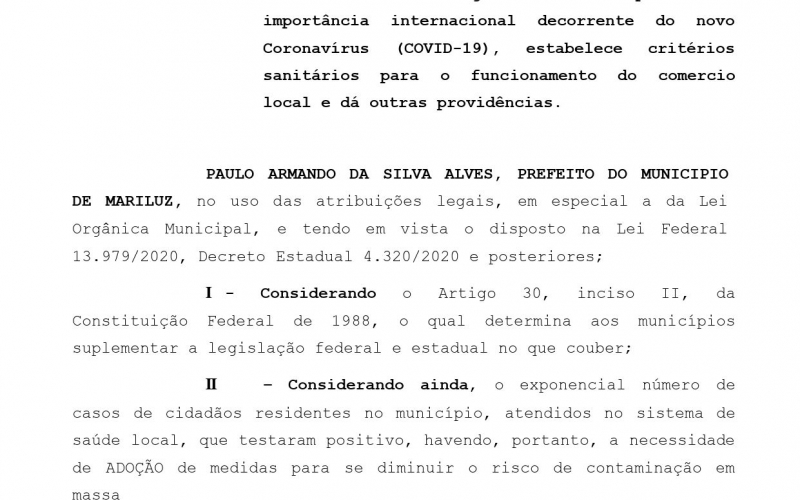 Prefeitura do Município de Mariluz lançou novo Decreto Municipal nesta segunda-feira, 07 de junho 
