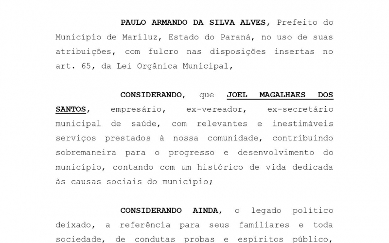 Decreto Luto Oficial em Nosso Município, Por Ocasião do Falecimento do Ex-Vereador Joel Magalhães Dos Santos