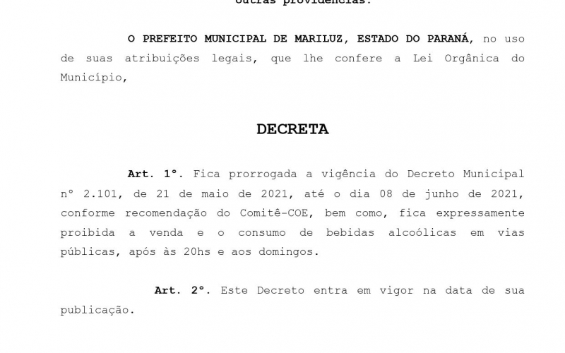 Prefeito Paulinho Alves, prorroga Decreto Municipal nº 2.101, de 21 de maio de 2021