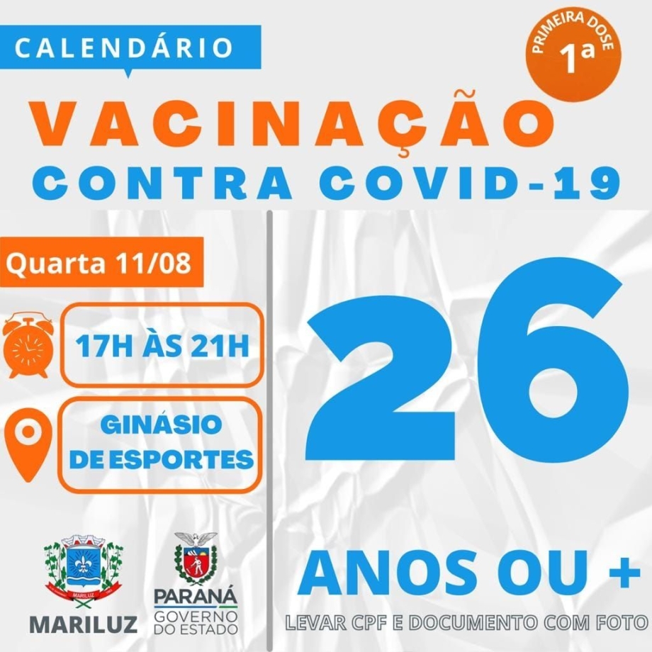 Calendário de Vacinação contra a Covid-19 população geral 26 anos acima