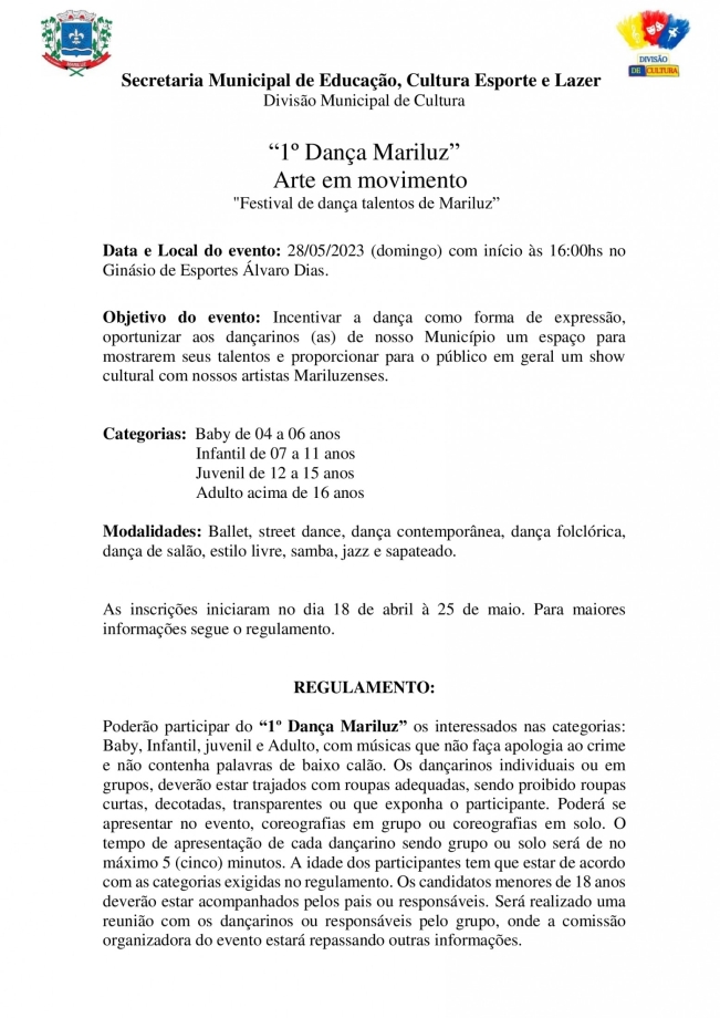 Regulamento do 1º Dança Mariluz Arte em Movimento