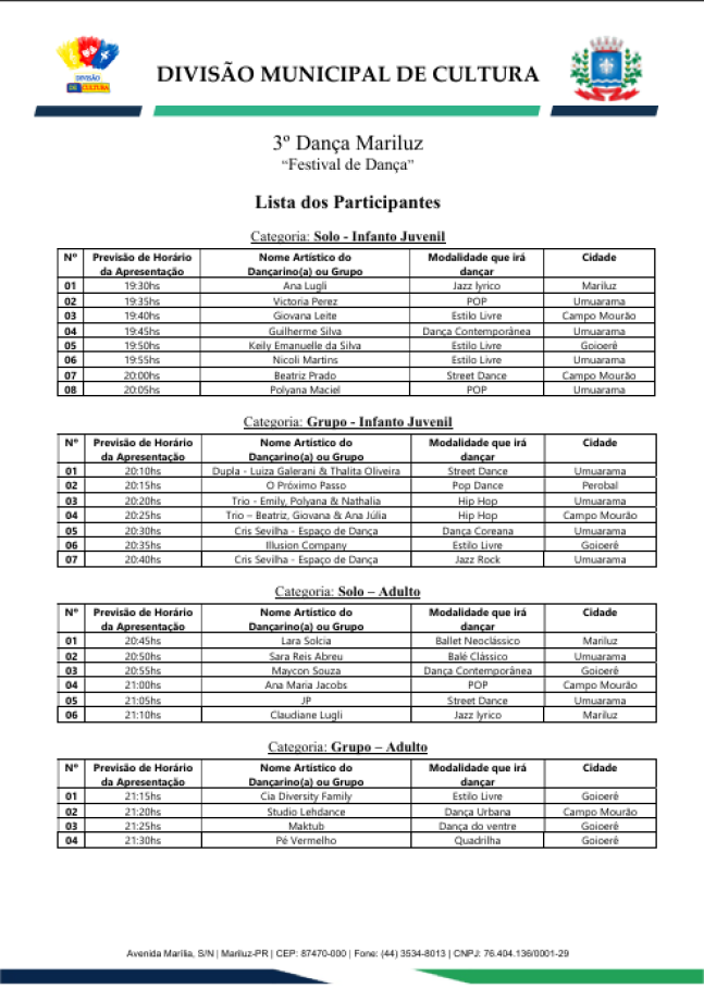 Lista de participantes do Dança e Canta Mariluz 