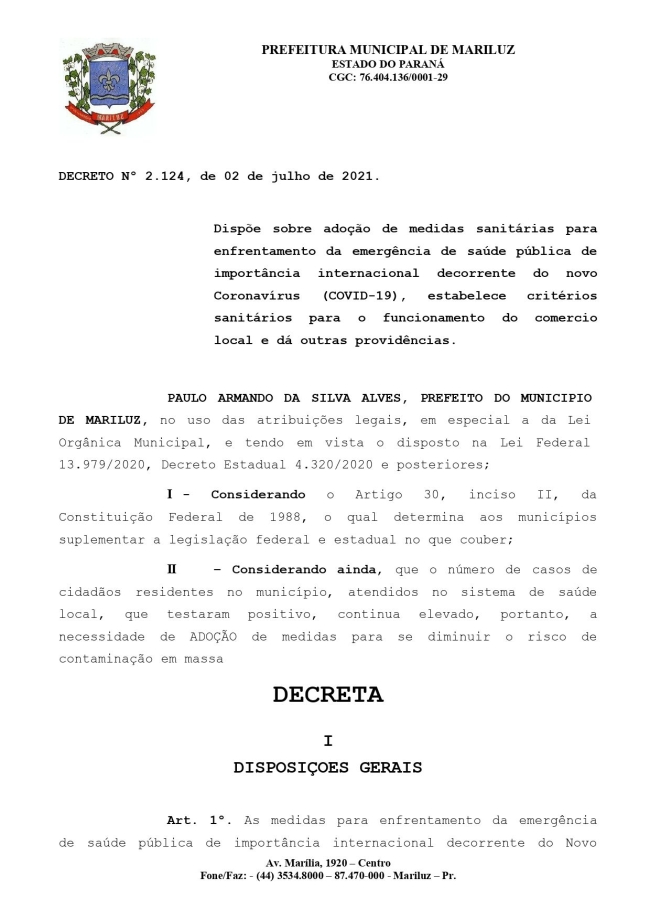 Decreto Municipal nº 2.124, de 02 de Julho de 2021