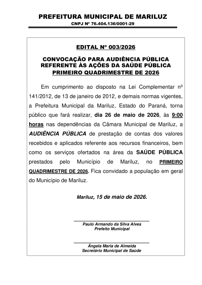 Prefeitura de Mariluz convida população para Audiências Públicas nesta terça-feira (26)