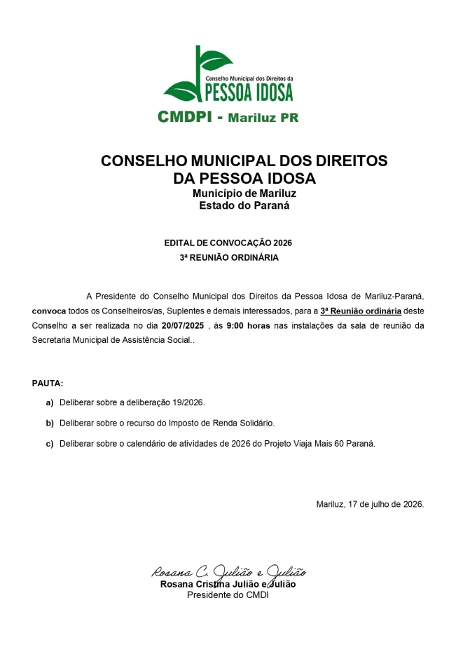 Edital de convocação do Conselho Municipal dos Direitos da Pessoa Idosa 3ª Reunião Ordinária