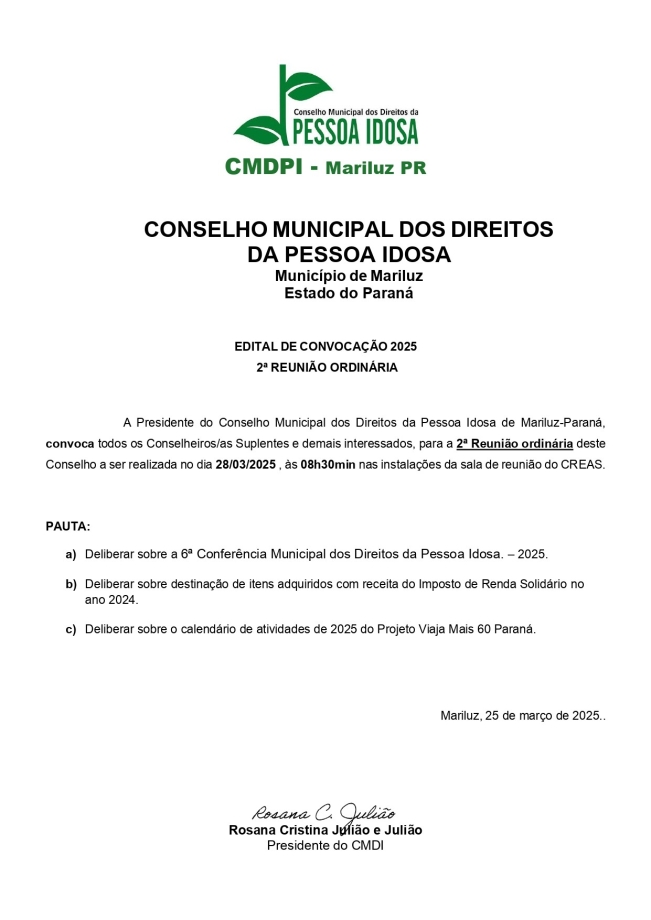 Edital de Convocação do Conselho Municipal dos Direitos da Pessoa Idosa