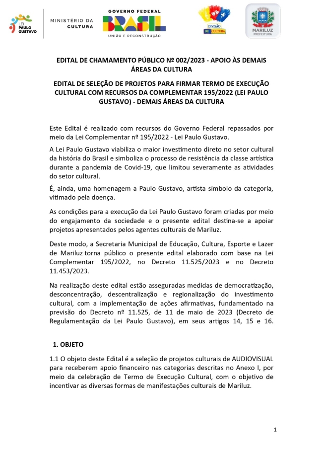 EDITAL DE CHAMAMENTO PÚBLICO Nº 002/2023 - APOIO ÀS DEMAIS ÁREAS DA CULTURA