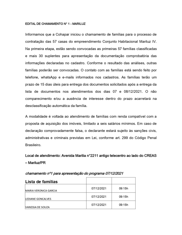 Edital de chamamento para o processo de contratação das 57 casas do Conjunto Habitacional Mariluz IV