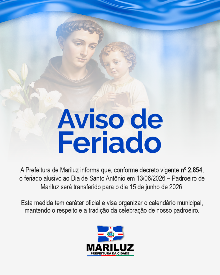 Decreto Transfere o Feriado municipal para 15/06/2026