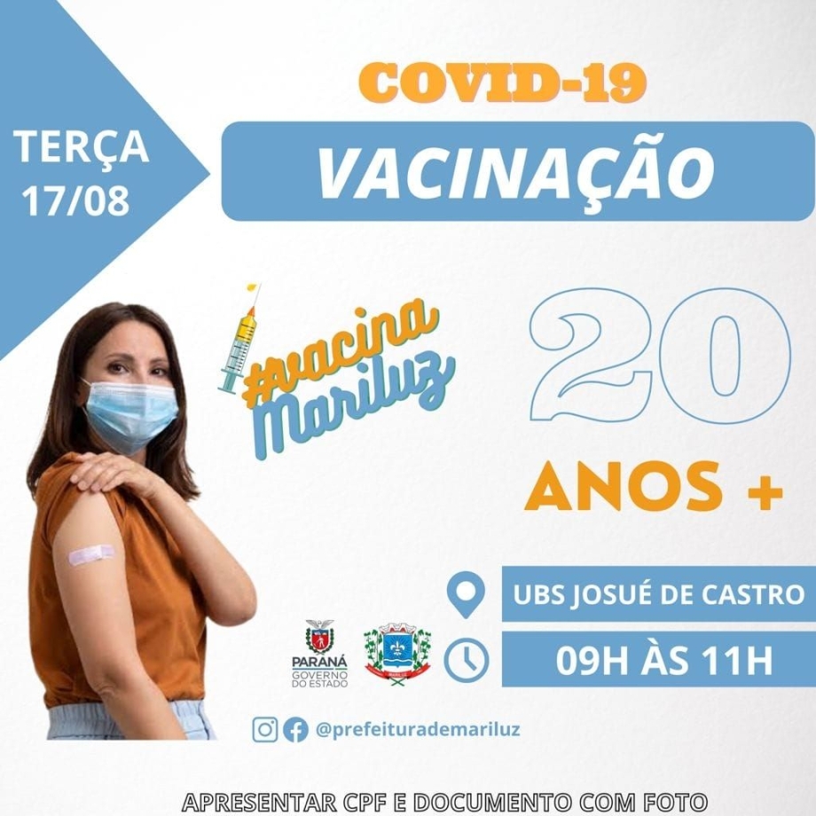 Mariluz realizará vacinação contra a Covid-19 no Assentamento Nossa Senhora Aparecida população 20 anos ou mais