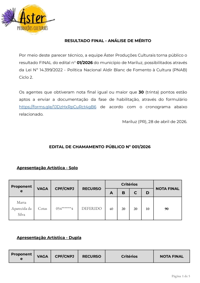 A Áster Produções Artísticas torna público o resultado final do edital nº 01/2026 