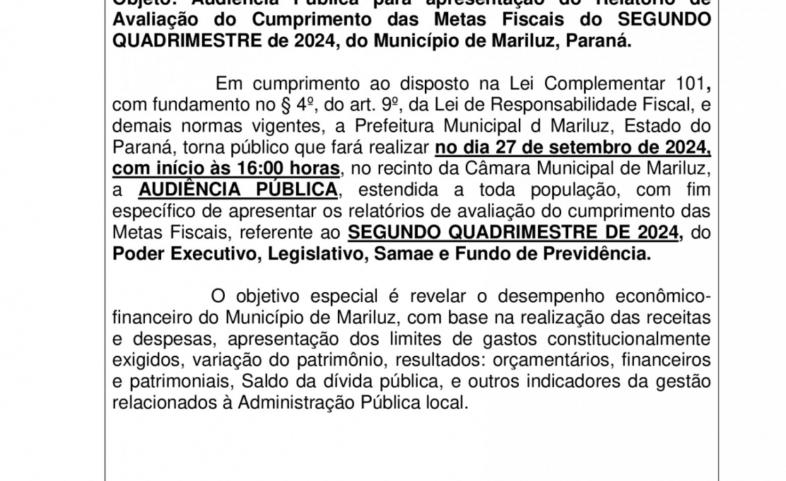 Audiência Pública município de Mariluz dia 27 de setembro