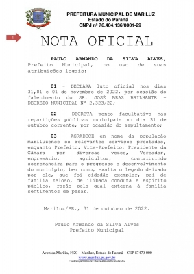 Luto Oficial no município de Mariluz por ocasião do falecimento do Ex-prefeito e Ex-vereador, senhor José Braz Brilhante