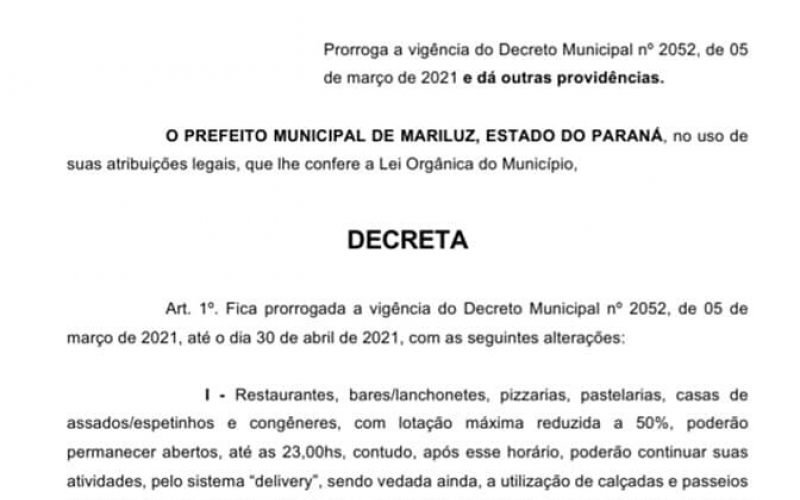 Prefeito Paulinho Alves, prorroga Decreto Municipal de 05 de março de 2021