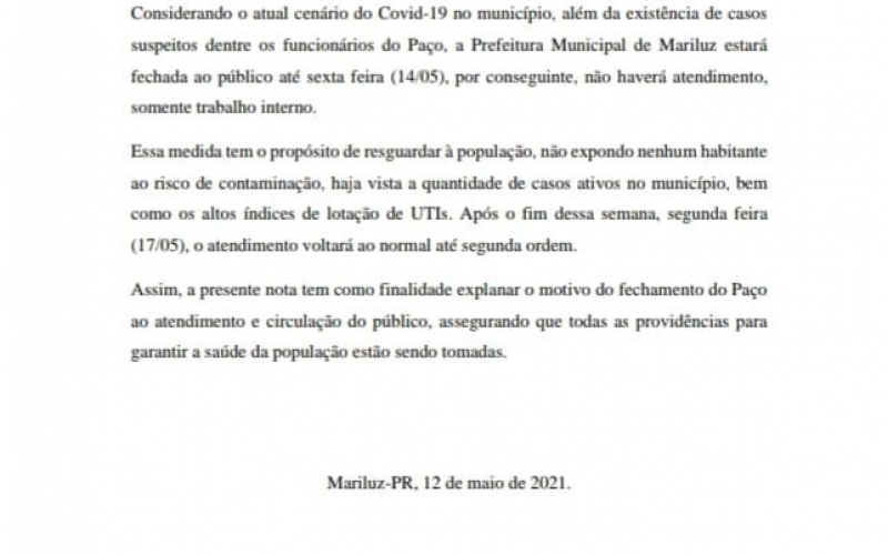 Nota Oficial da Prefeitura Municipal de Mariluz
