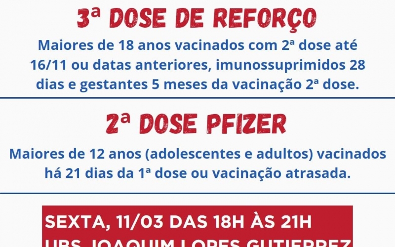 Calendário de Vacinação contra a Covid-19 dose de reforço e repescagem 2ª dose Pfizer