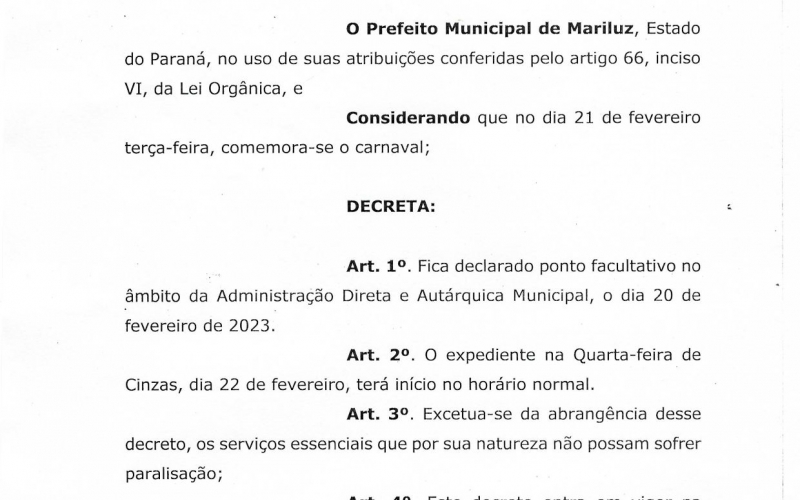 Prefeito Paulinho Alves decreta ponto facultativo no dia 20 de fevereiro