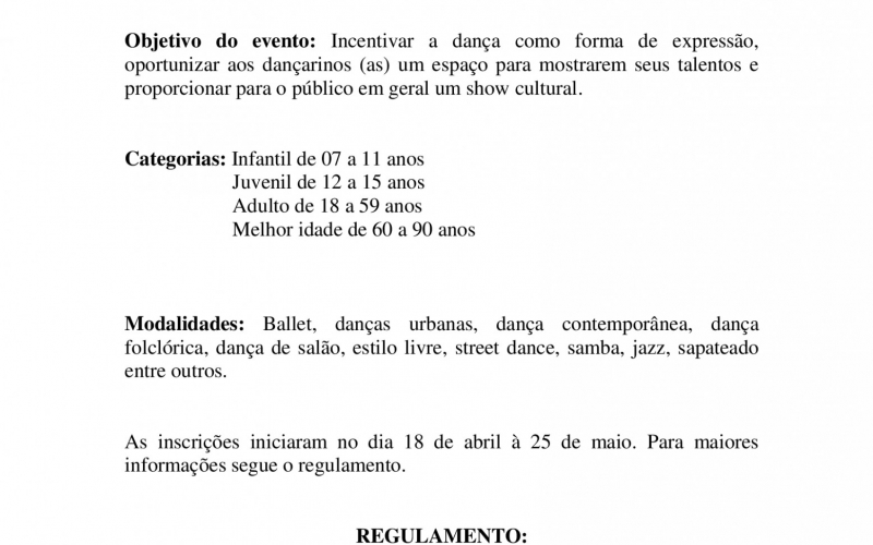 Comissão Organizadora do 1° Dança Mariluz, realizou algumas alterações no regulamento do evento