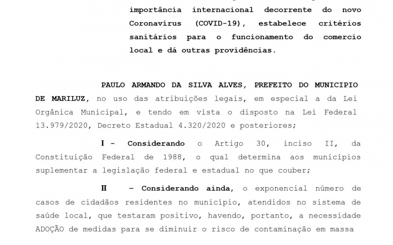 Prefeito Municipal Paulinho Alves, emitiu novo Decreto Municipal em vigor desde de hoje 10.03.2021