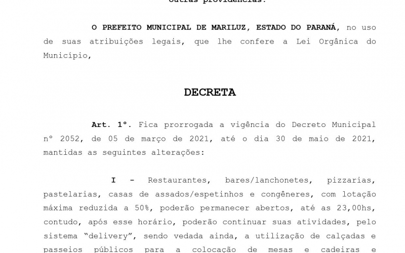 Prefeitura Municipal de Mariluz, prorroga a vigência do Decreto Municipal nº 2052, de 05 de março de 2021
