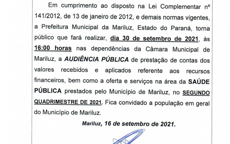 Convocação para Audiências Públicas da Prefeitura Municipal de Mariluz dia 30 de setembro