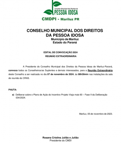 Edital de Convocação Conselho Municipal dos Direitos da Pessoa Idosa