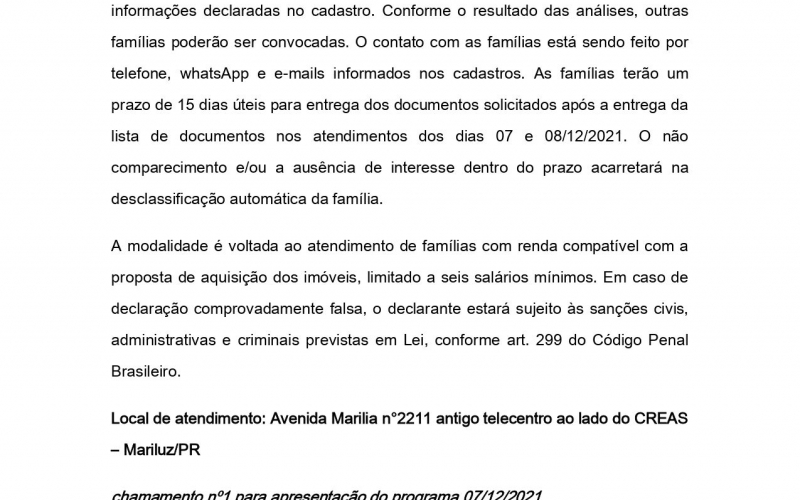 Edital de chamamento para o processo de contratação das 57 casas do Conjunto Habitacional Mariluz IV