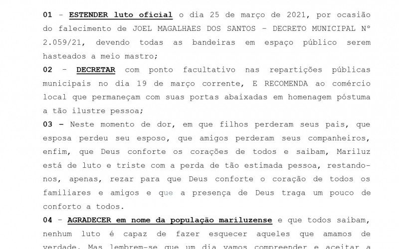 Nota Oficial do Prefeito Paulinho Alves, sobre o Luto Oficial em vigor em nosso Município hoje sexta-feira 19.03.2021