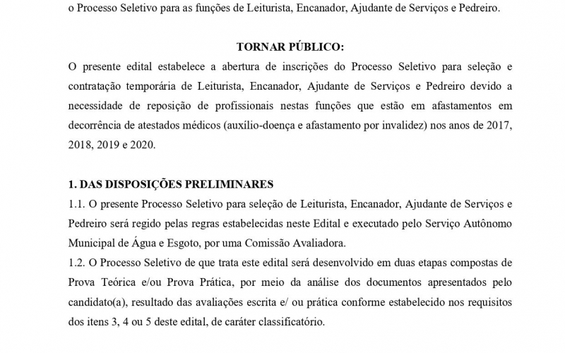 Processo Seletivo Simplificado (PSS) 2021 do SAMAE de Mariluz Retificação do Edital