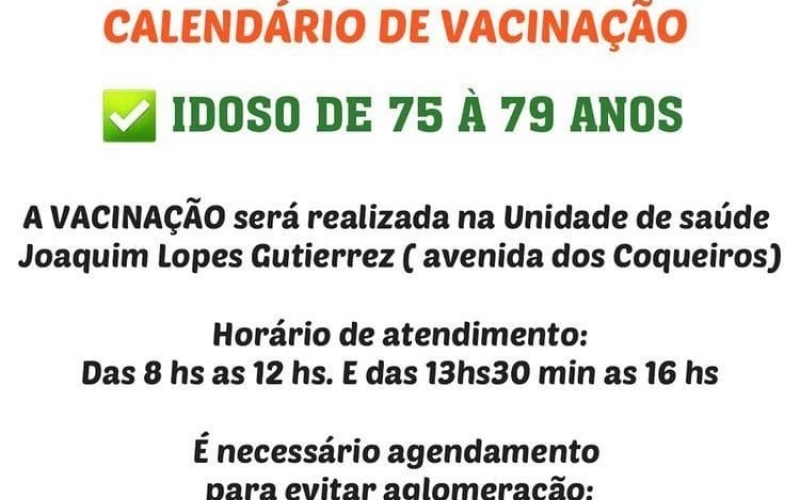 Calendário de Vacinação de Mariluz, imunização de idosos de 75 à 79 anos 