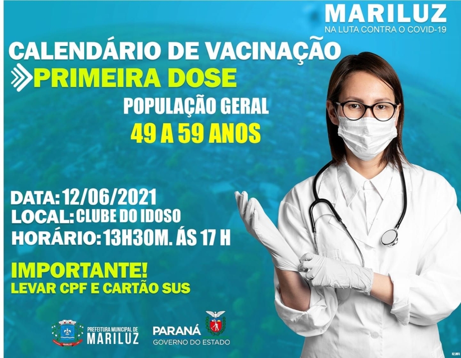Município de Mariluz ira realizar vacinação contra a Covid-19 em pessoas com idade de 49 a 59 anos