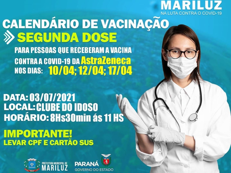 Vacinação segunda dose contra a Covid-19 AstraZeneca será realizada amanhã em nosso Município