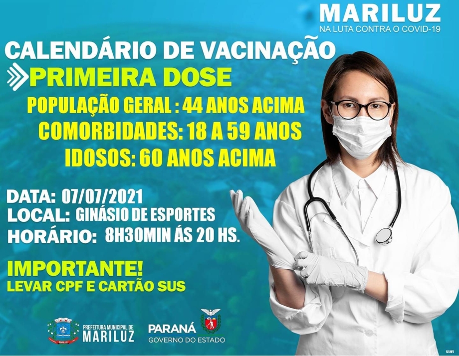 Vacinação contra a Covid-19 pessoas com 44 anos acima, comorbidades 18 a 59 anos e idosos 60 anos acima