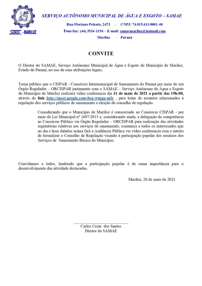 Samae de Mariluz realizará vídeo conferencia na segunda-feira, 31 de maio de 2021