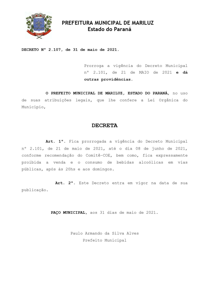 Prefeito Paulinho Alves, prorroga Decreto Municipal nº 2.101, de 21 de maio de 2021