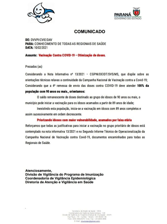 A vacinação contra a COVID-19 em idosos ainda está sendo realizada em nosso Município