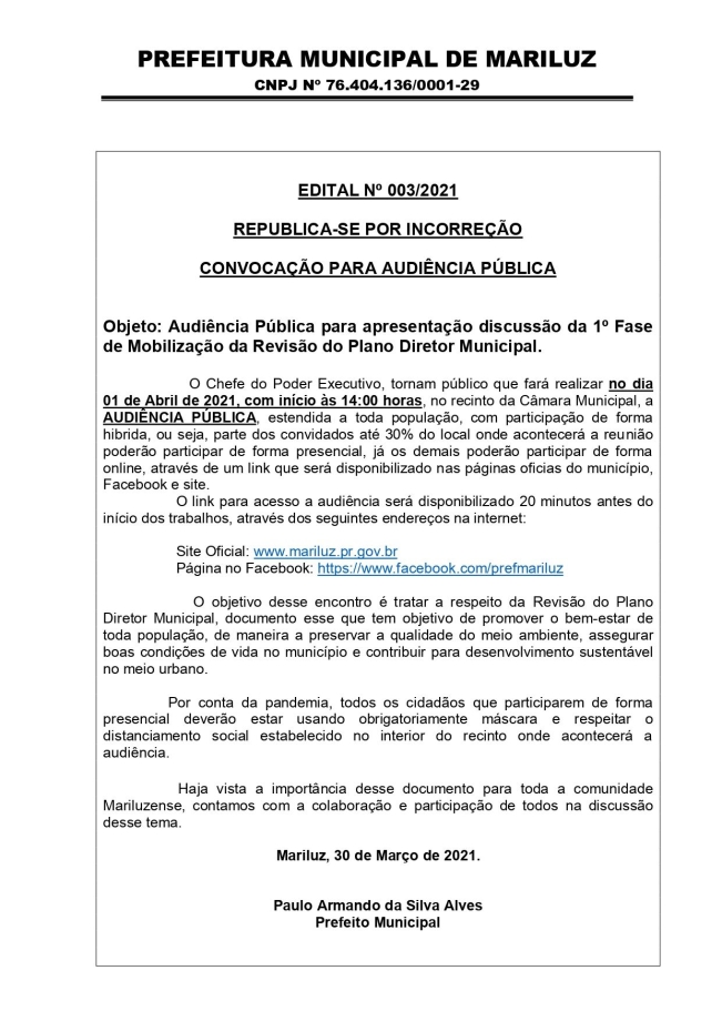 Convocação para Audiência Pública da Prefeitura Municipal de Mariluz