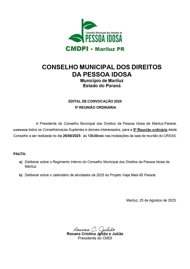 Edital de convocação do Conselho Municipal dos Direitos da Pessoa Idosa 5ª Reunião Ordinária