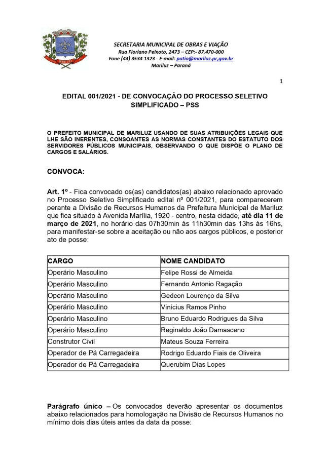 PSS 2021 da Secretaria de Obras e Viação, convocação dos classificados 