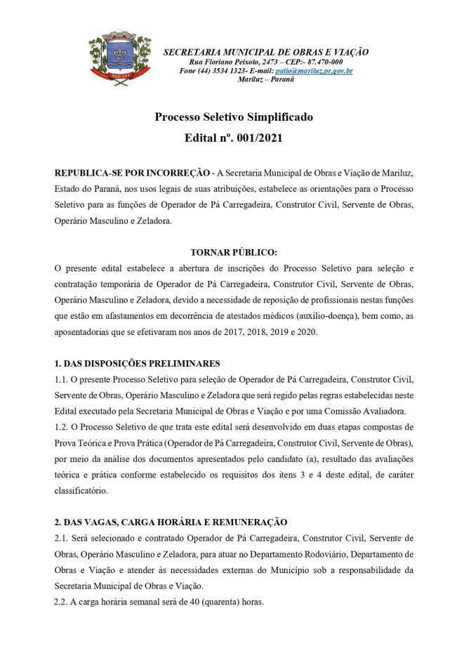 Processo Seletivo Simplificado (PSS) 2021 Da Secretaria De Obras E Viação Retificação Do Edital