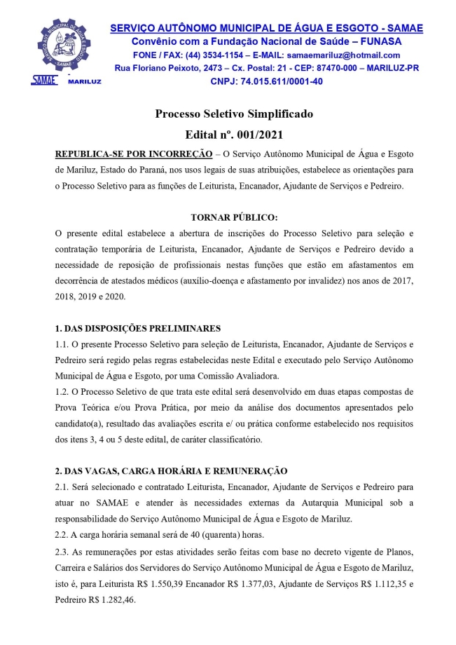 Processo Seletivo Simplificado (PSS) 2021 do SAMAE de Mariluz Retificação do Edital