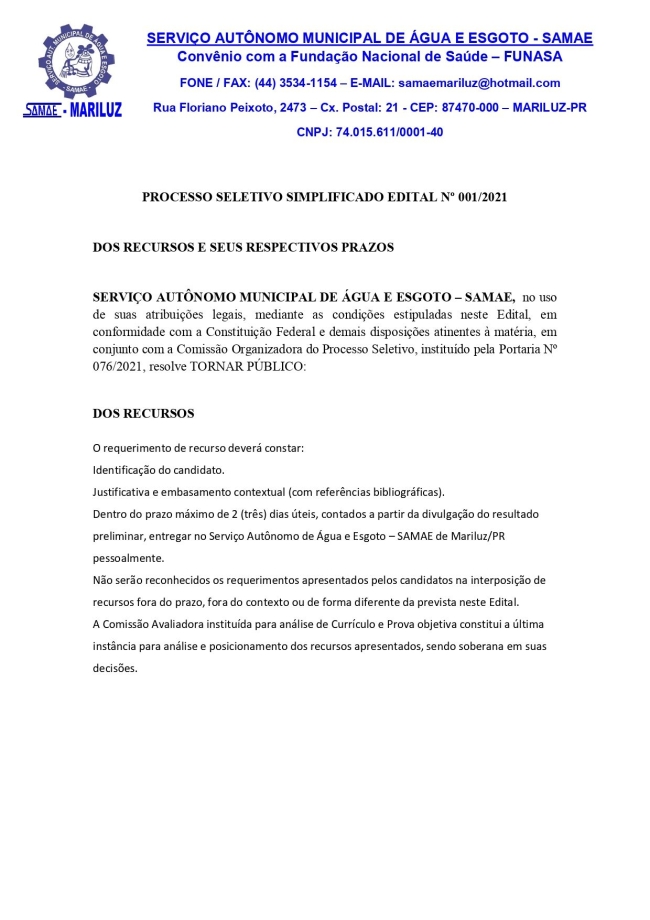 Processo Seletivo Simplificado (PSS) 2021 do SAMAE de Mariluz, edital dos recursos e seus respectivos prazos.