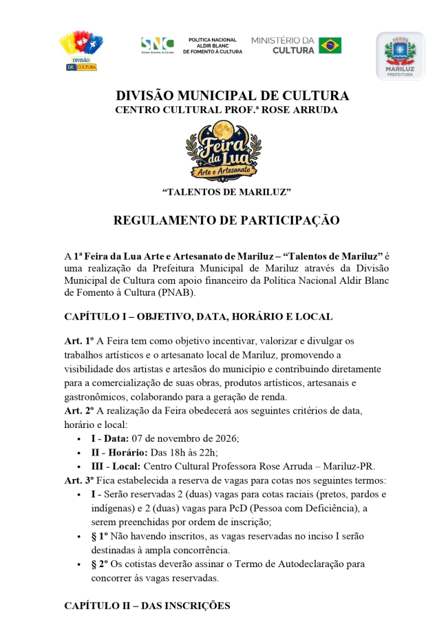 Regulamento da 1ª Feira da Lua Arte e Artesanato de Mariluz