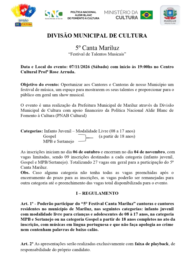 Regulamento do 5º Canta Mariluz 