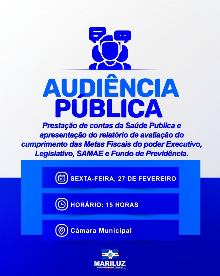 Na sexta-feira, 27 de fevereiro, será realizada Audiência Pública no plenário da Câmara Municipal de Vereadores